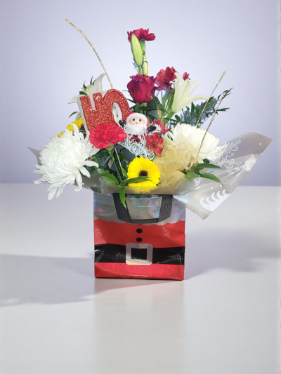 Santa Baby - A collection of red and white flowers in a Santa bag.