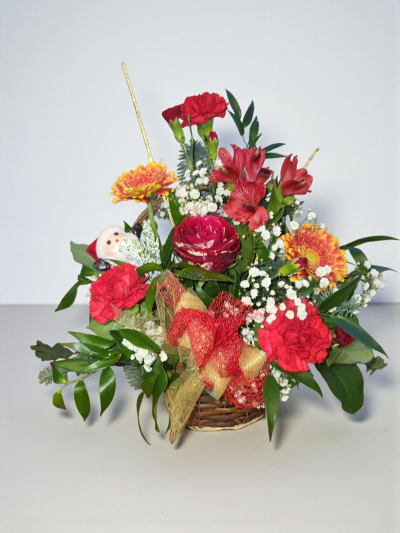 Old Tidings - Basket of fresh white and red flowers.