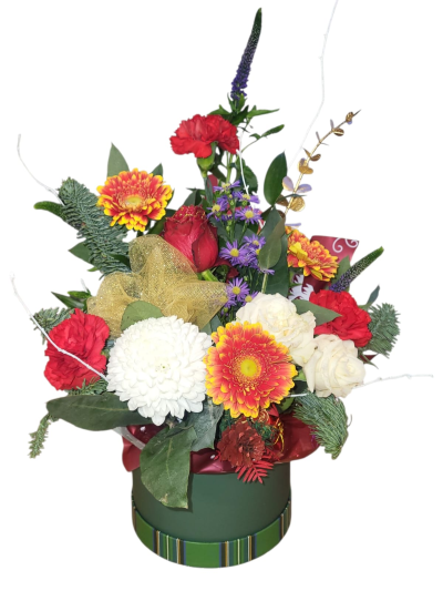 Victorian Christmas - An arrangement of flowers in a hat box container.